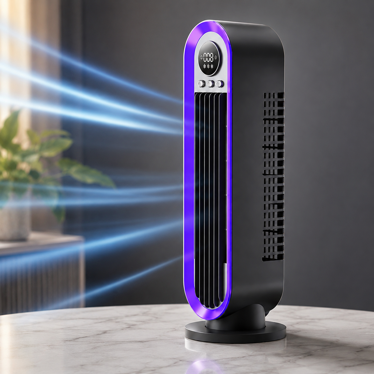 Tower Fan Whisper-Quiet Oscillating USB Rechargeable & Portable LED Ring