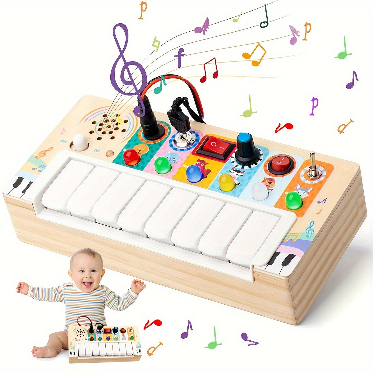 Toy Piano Wooden 8-Key Lights & Colorful Buttons