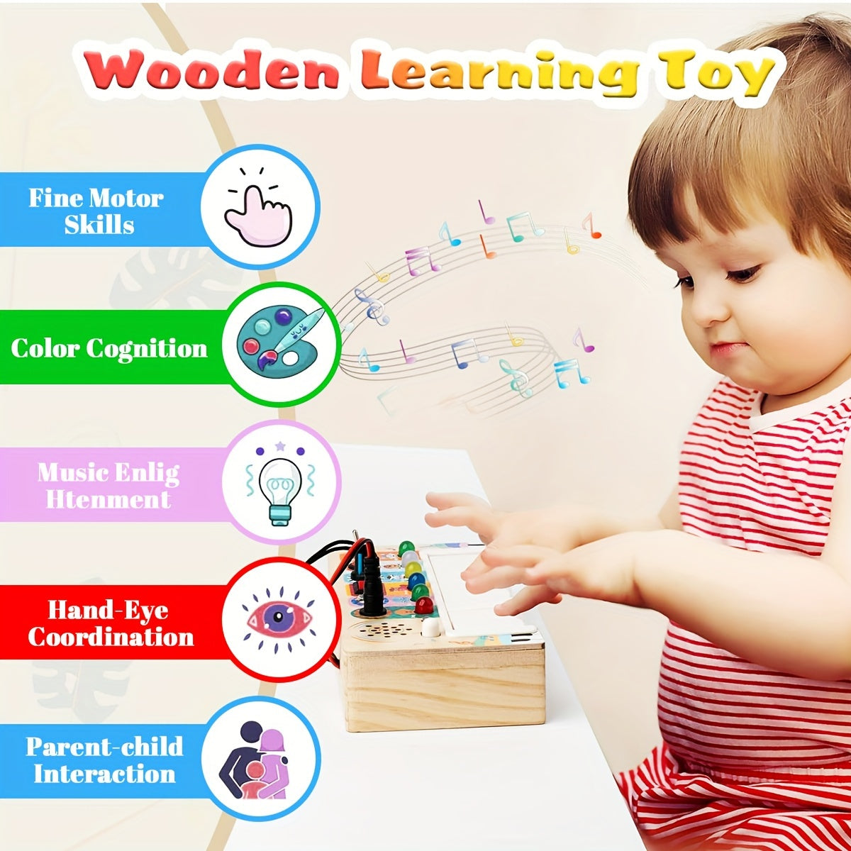 Toy Piano Wooden 8-Key Lights & Colorful Buttons