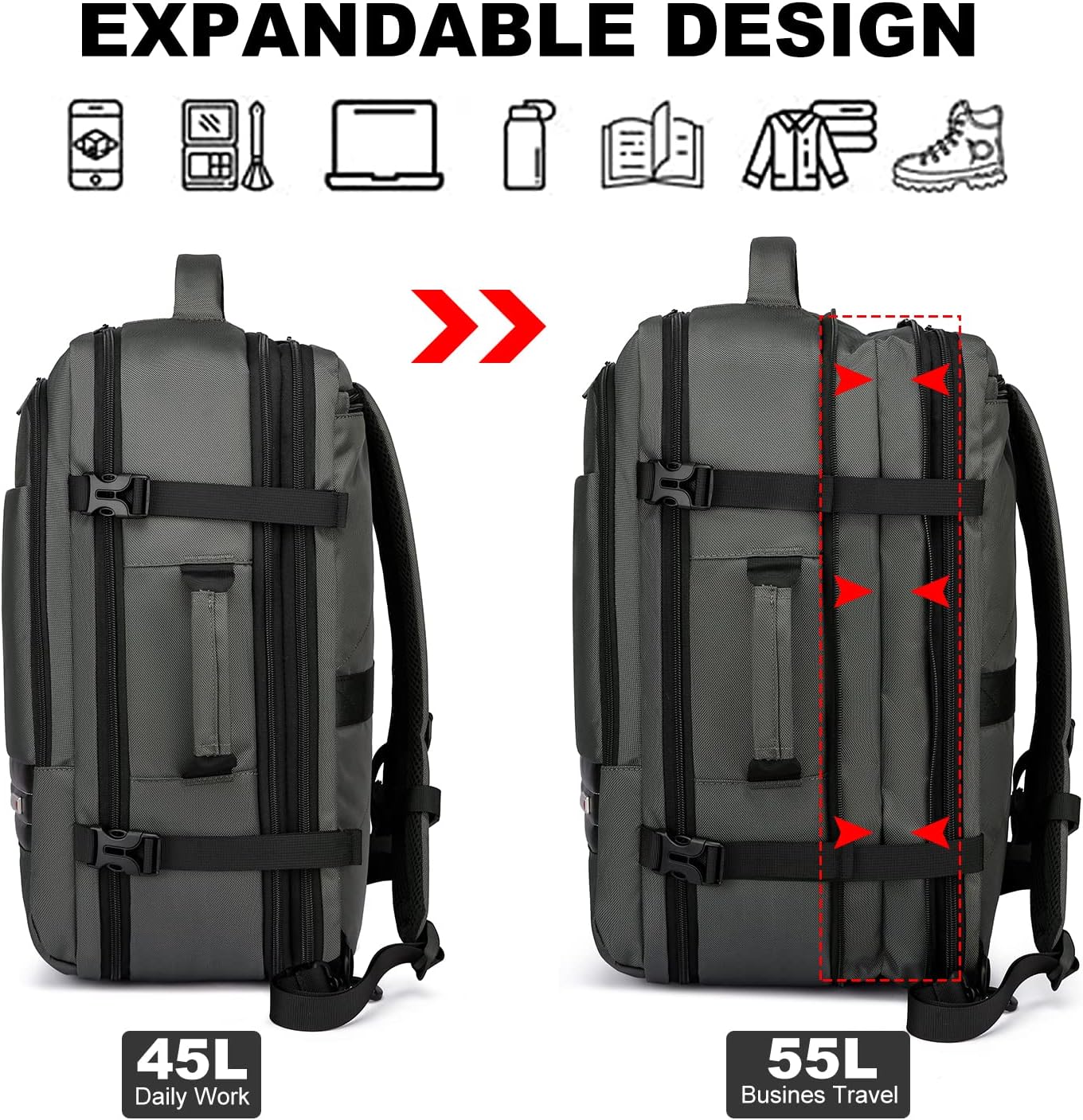 Travel Backpack Expandable 45-55L Padded Laptop Compartment Carry-On Compatible