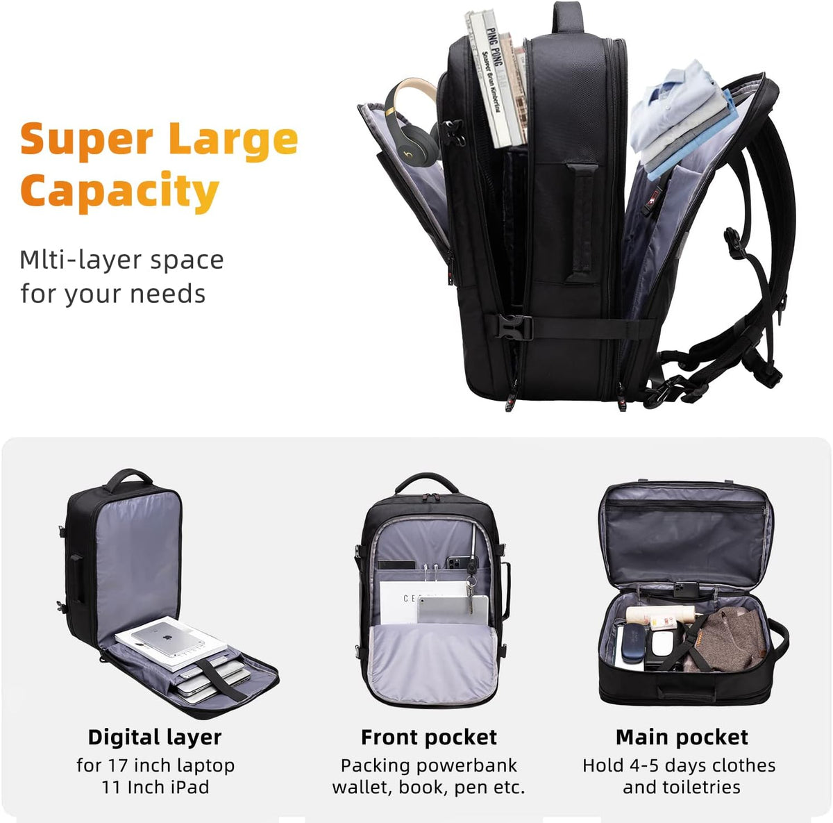 Travel Backpack Expandable 45-55L Padded Laptop Compartment Carry-On Compatible
