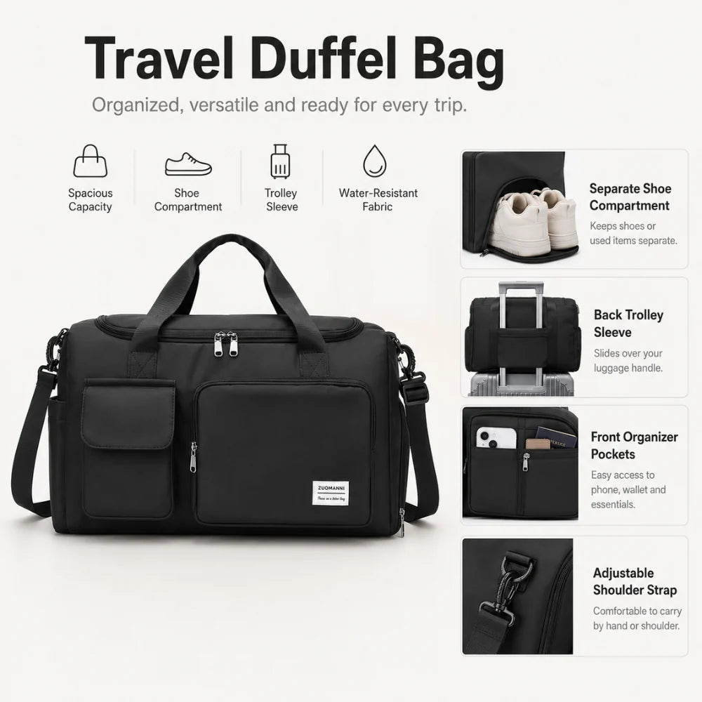 Travel Duffel Bag Separate Shoe Compartment Water-Repellent Nylon