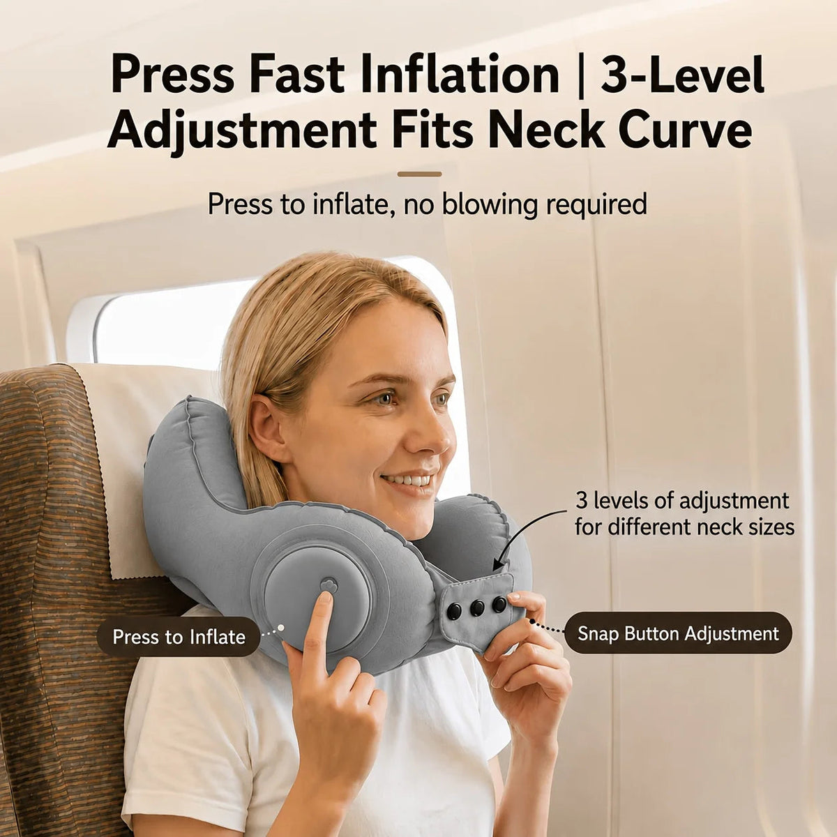 Travel Pillow One-Touch Inflation Ergonomic U-Shape Adjustable Buckle