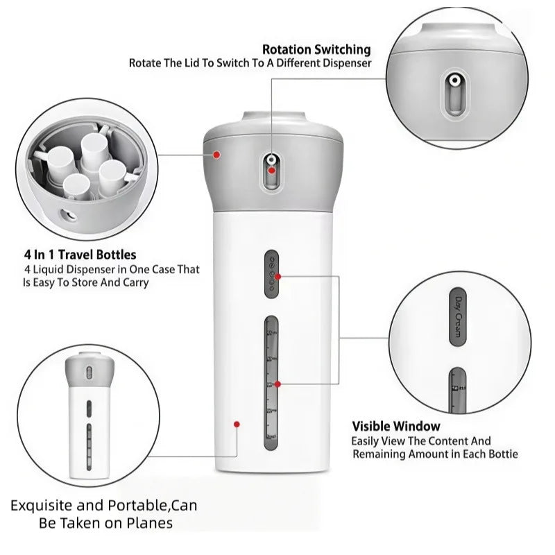 Travel Toiletry Bottle 4-Chamber Leak-Proof & Refillable