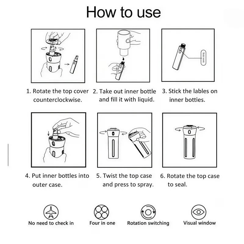 Travel Toiletry Bottle 4-Chamber Leak-Proof & Refillable