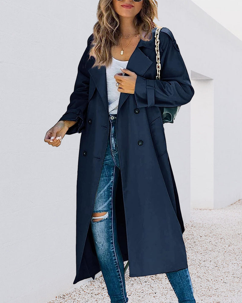 Trench Coat Revere Collar Solid Color Pockets