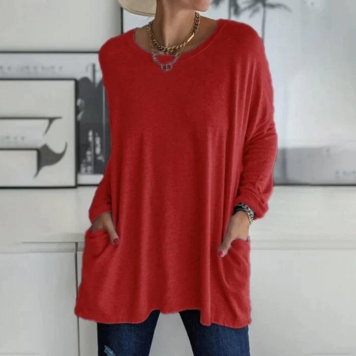 Tunic Top Cotton Blend Round Neck Front Pockets