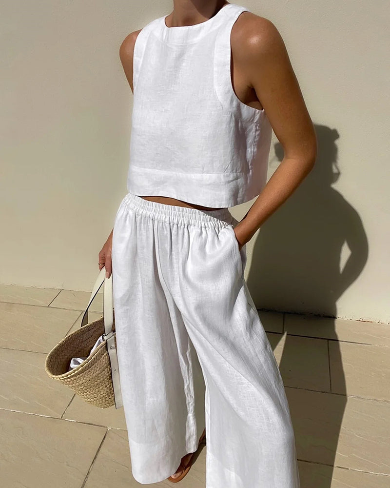 Two-Piece Set Sleeveless Crop High-Waisted Wide-Leg