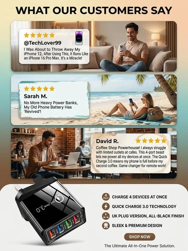 USB Travel Charger 4-Port Quick Charge 3.0