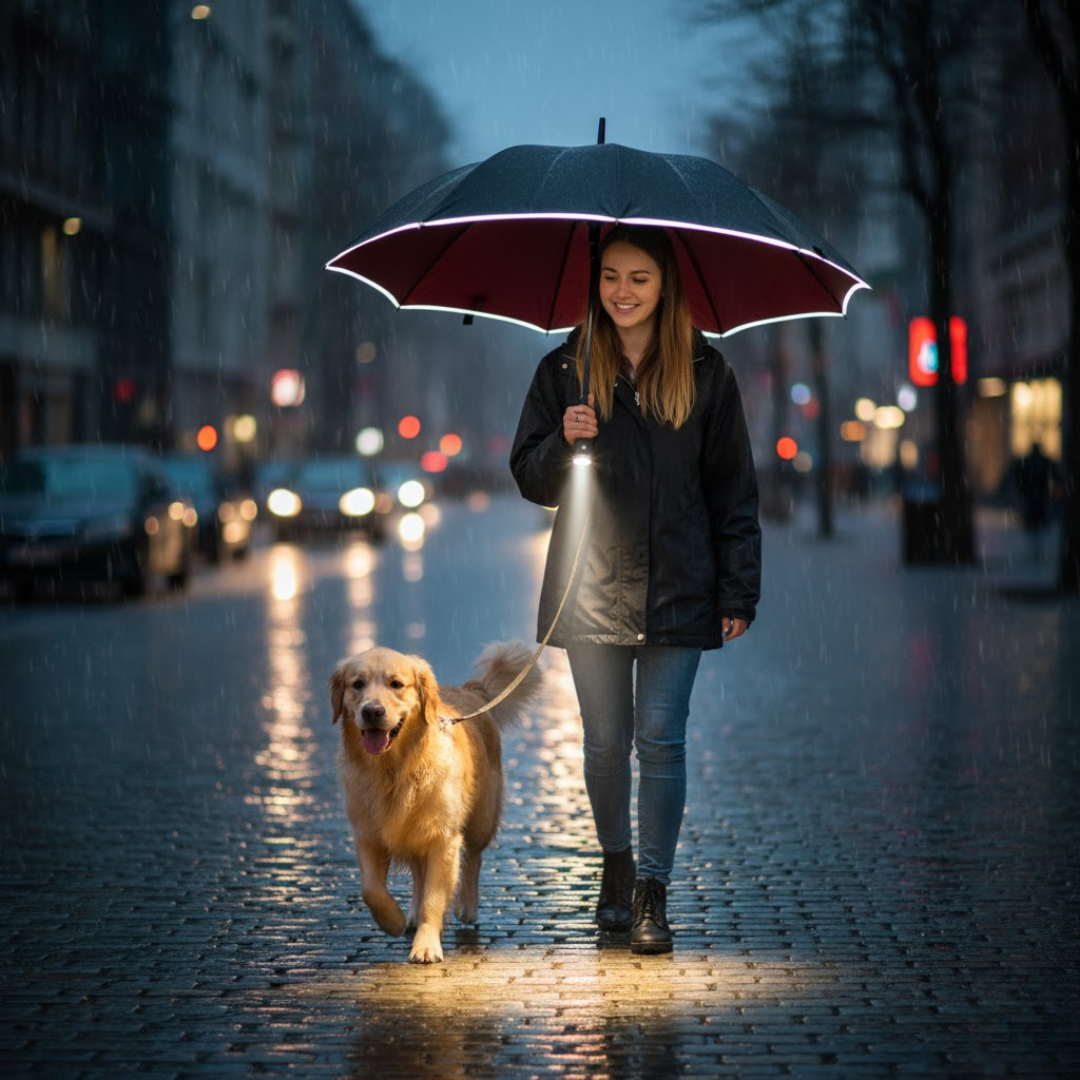 Umbrella Automatic Open & LED Handle Wind-Resistant Fiberglass
