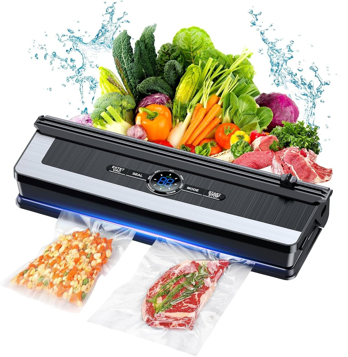 Vacuum Sealer Built-In Cutter LED Display Brushed Stainless Steel Panel