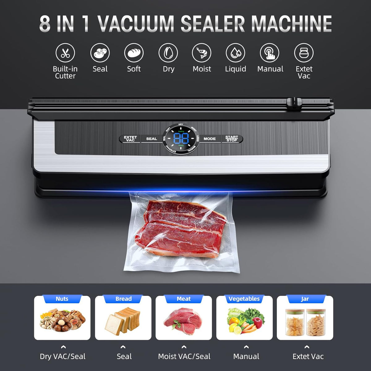 Vacuum Sealer Built-In Cutter LED Display Brushed Stainless Steel Panel