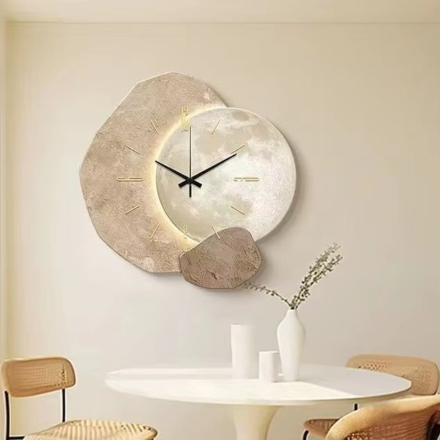 Wall Clock Minimalist Moon Beige & Gold Battery Operated