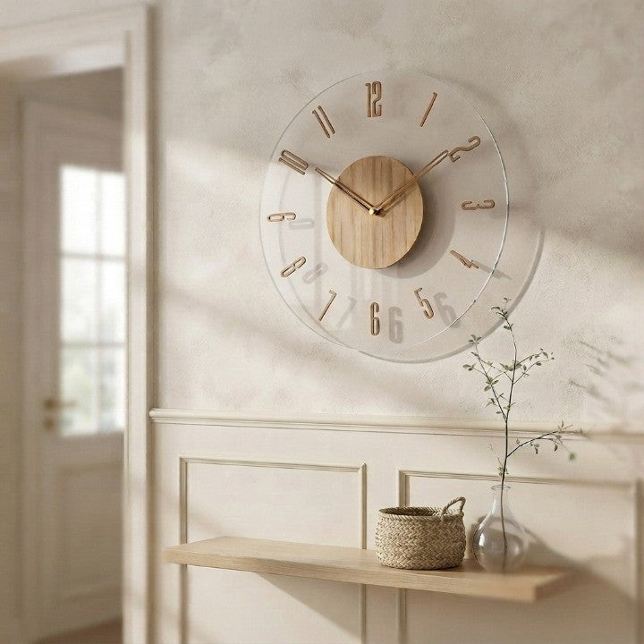 Wall Clock Natural Wood Transparent Frame Silent Quartz