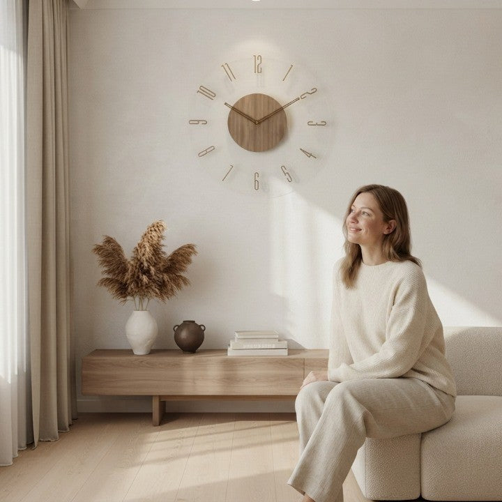 Wall Clock Natural Wood Transparent Frame Silent Quartz