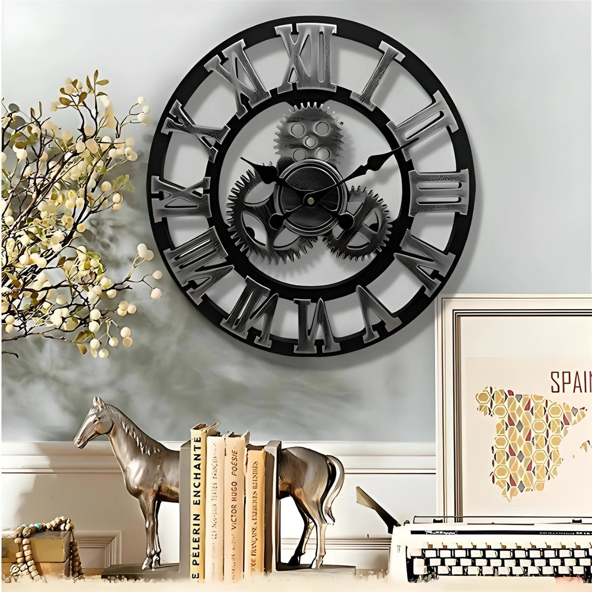 Wall Clock Oversized Roman Numerals Industrial Gear Quartz Movement
