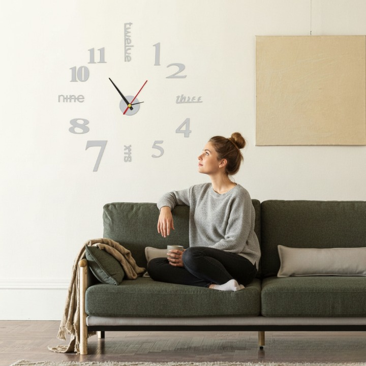 Wall Clock Silent Movement Frameless Acrylic Self-Adhesive Mounting