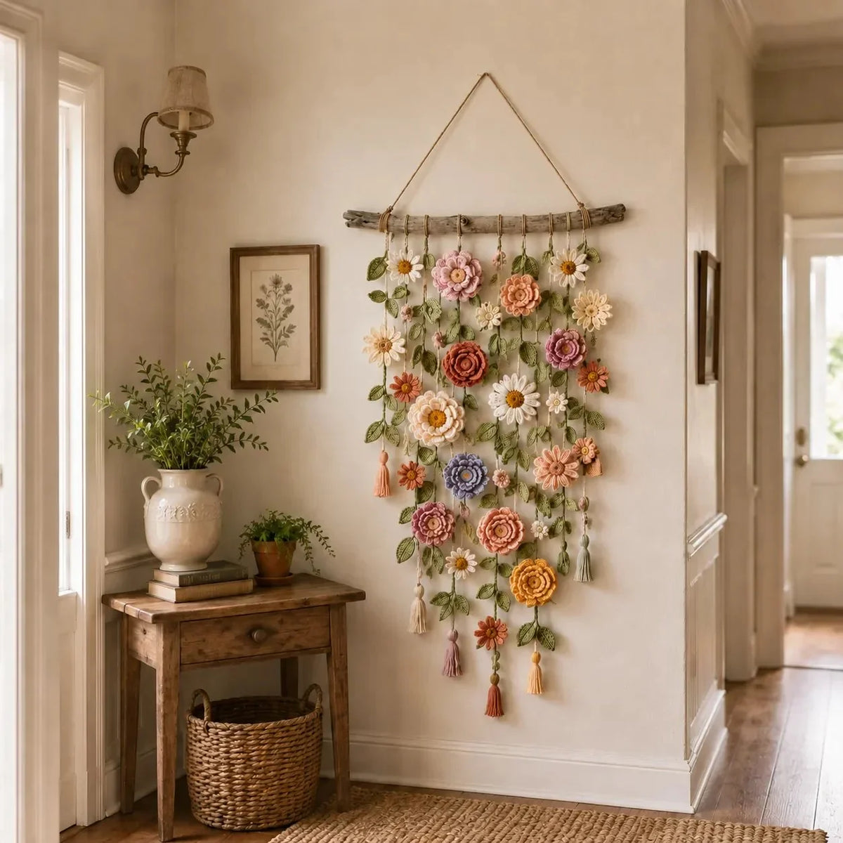 Wall Hanging Crocheted Flower Driftwood Hanger