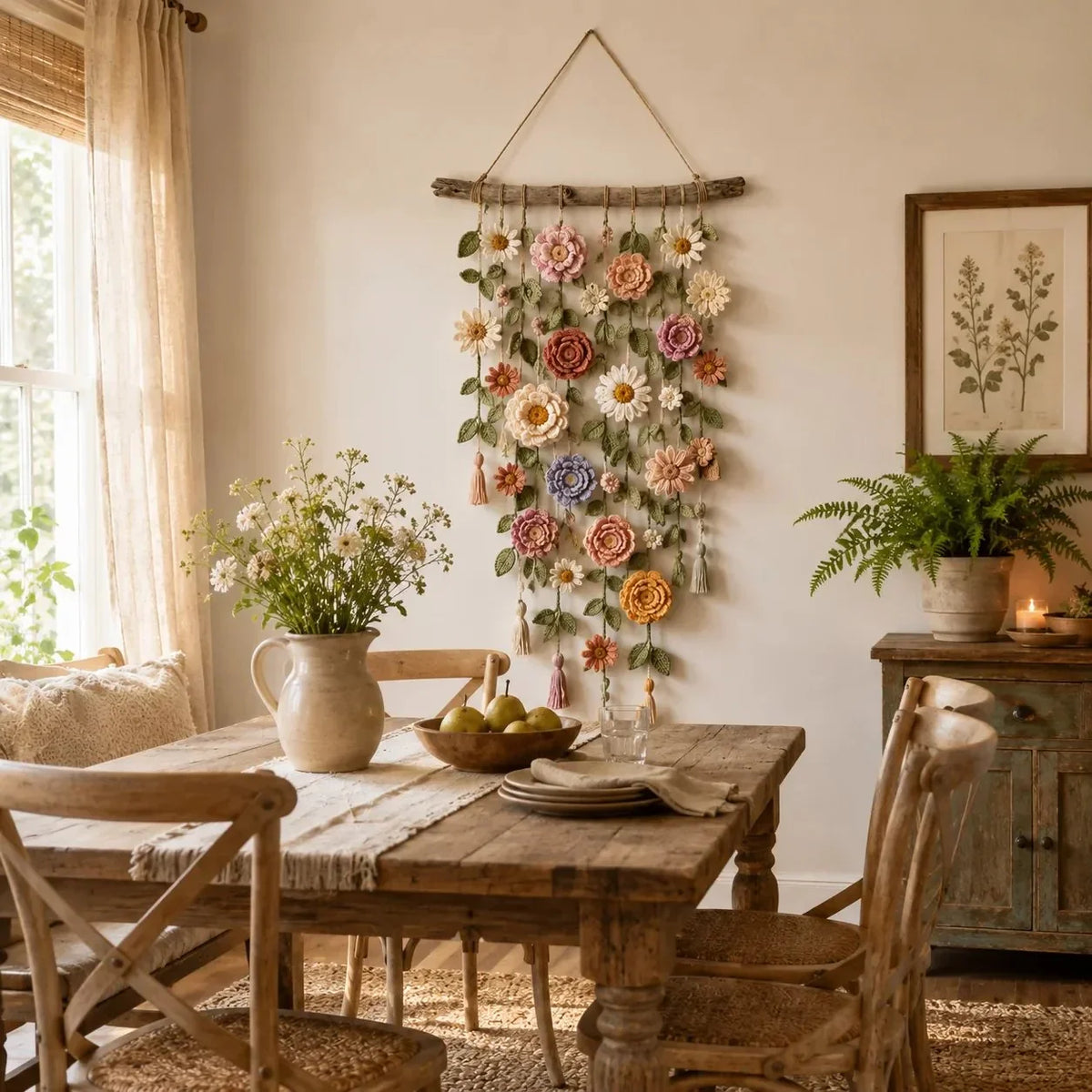 Wall Hanging Crocheted Flower Driftwood Hanger