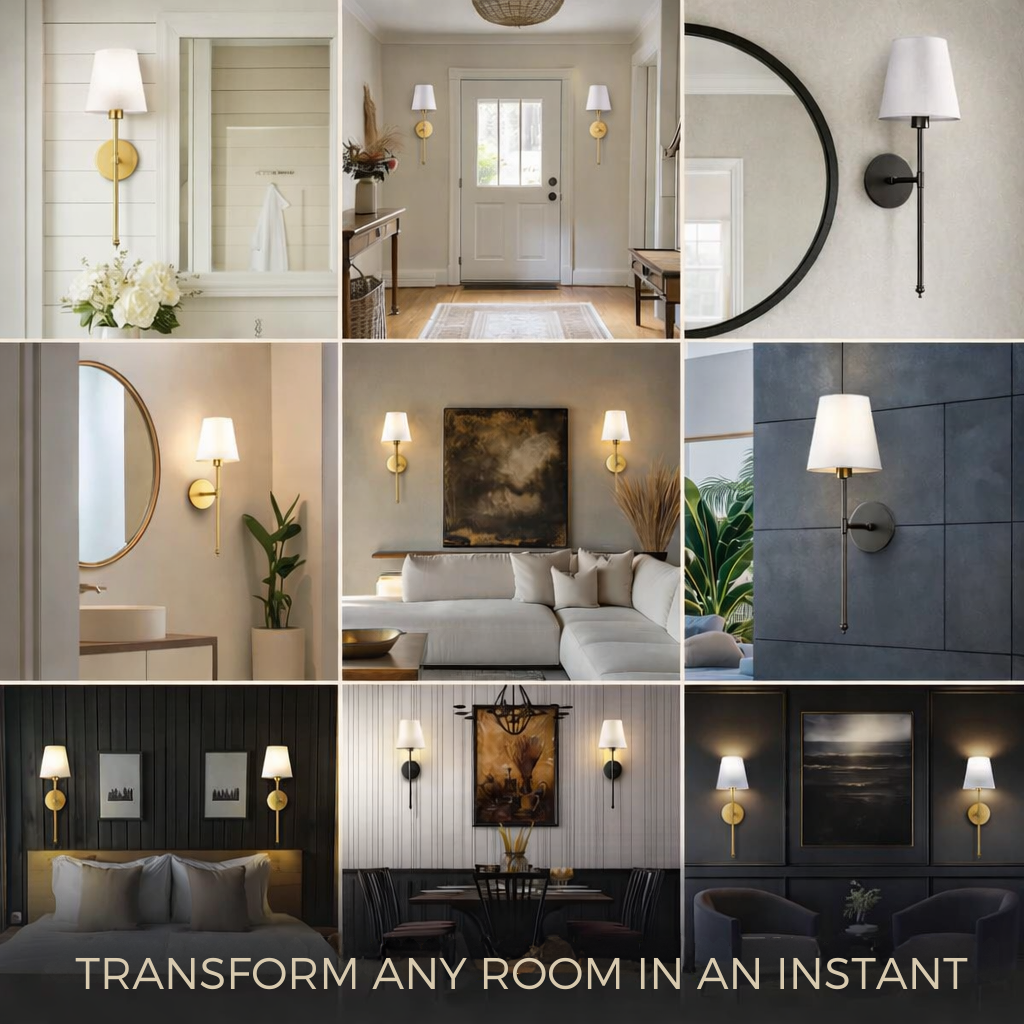 Wall Lamp Adhesive Mount Fabric Shade Set of 2