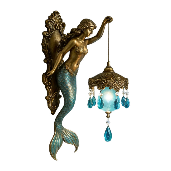 Wall Lamp Mermaid Figurine Glass Shade & Crystal Pendants