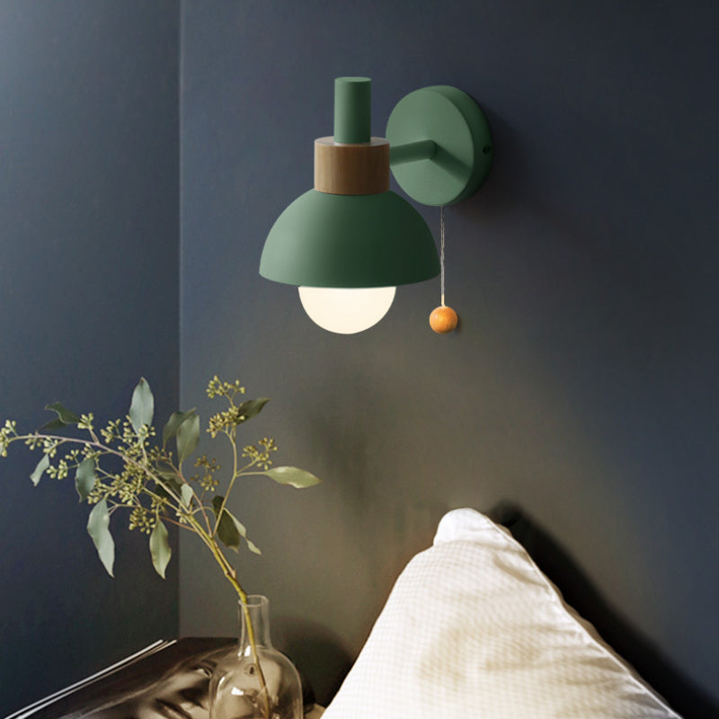 Wall Lamp Pull Cord Scandinavian Wood Metal & Glass