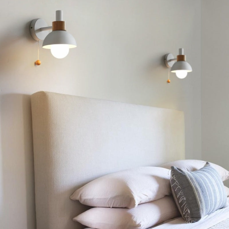 Wall Lamp Pull Cord Scandinavian Wood Metal & Glass