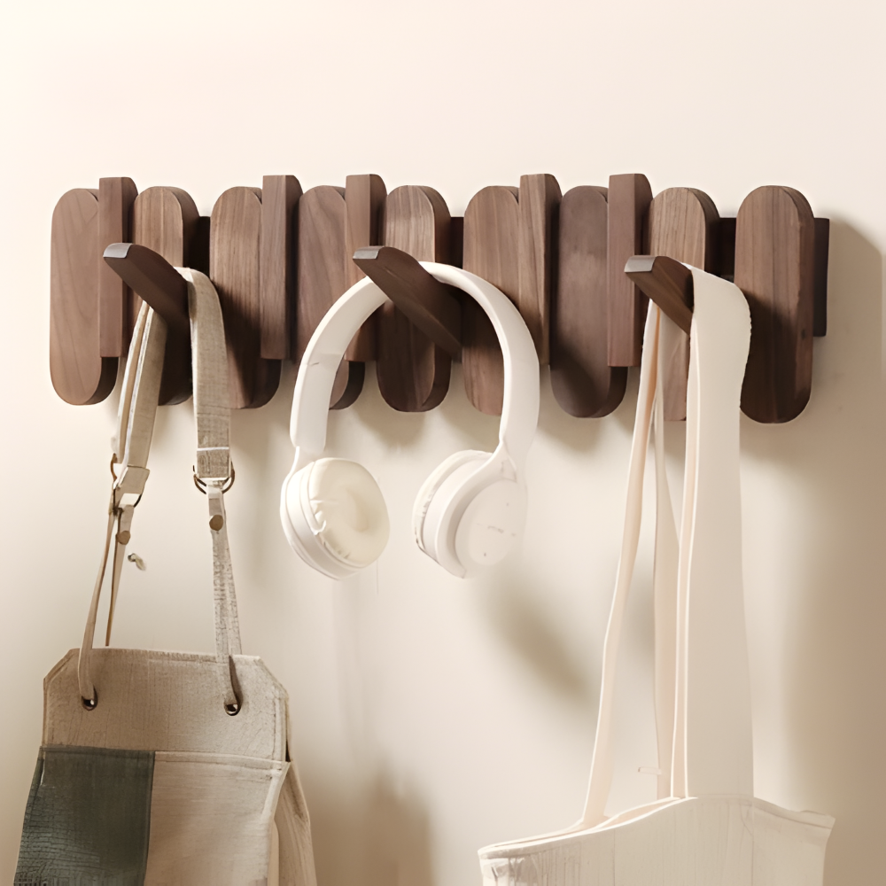 Wall-Mounted Coat Rack Solid Wood Walnut Finish Rounded Hooks
