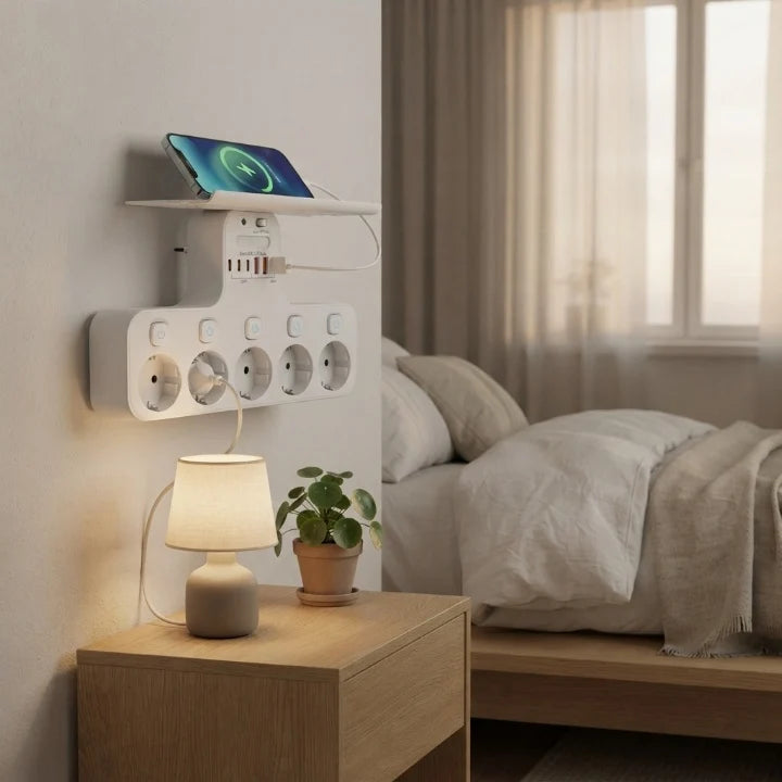 Wall-Mounted Power Strip 5 Switchable Sockets USB Night Light