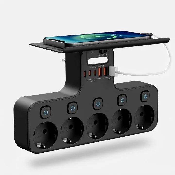 Wall-Mounted Power Strip 5 Switchable Sockets USB Night Light