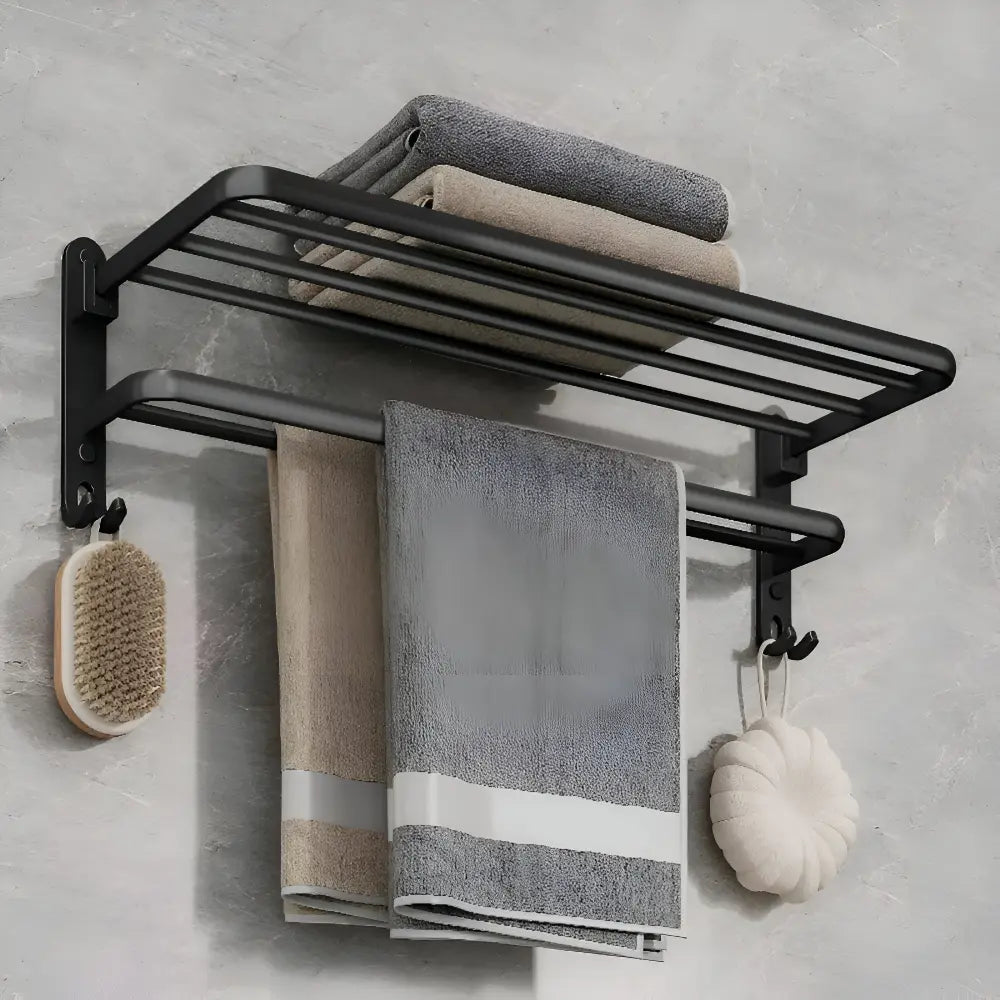 Wall Mounted Towel Rack Double Bar Aluminum With Hooks