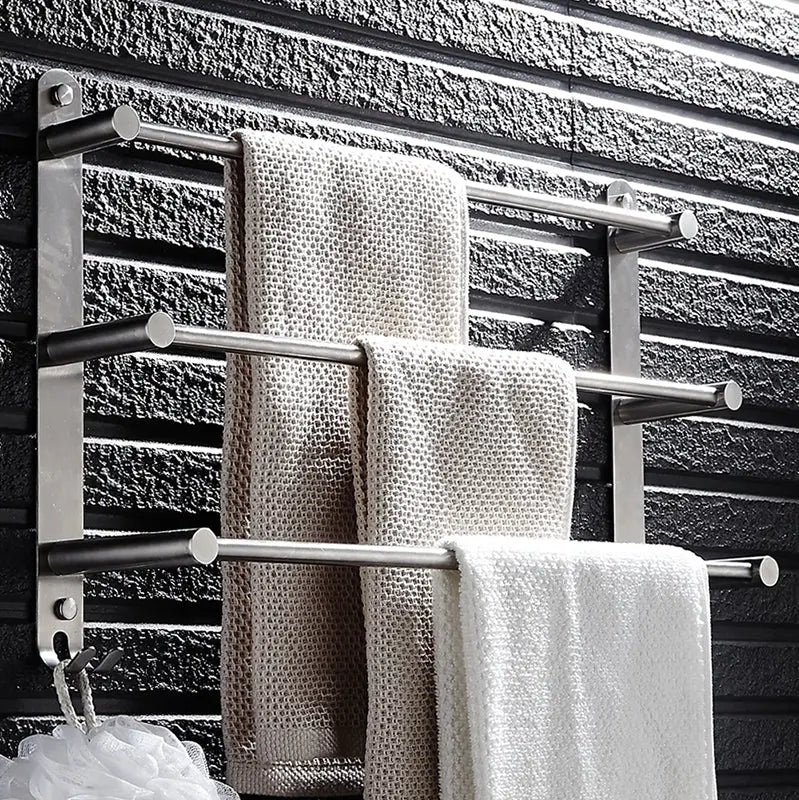 Wall-Mounted Towel Rack Stainless Steel 3 Bars & Hooks
