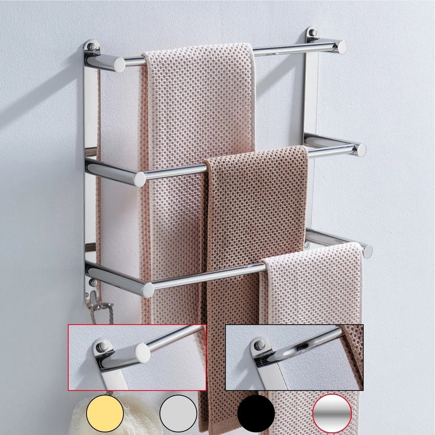Wall-Mounted Towel Rack Stainless Steel 3 Bars & Hooks