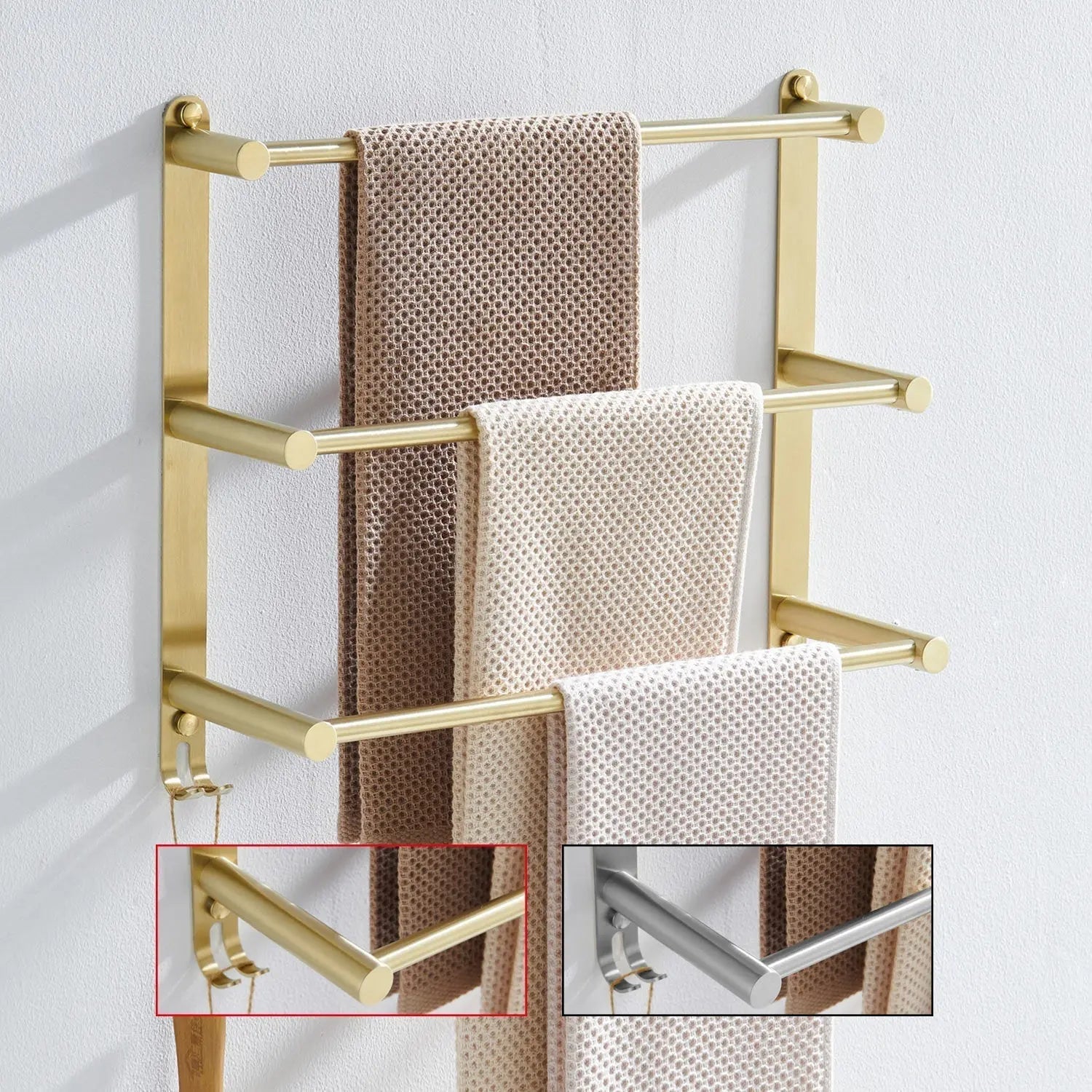 Wall-Mounted Towel Rack Stainless Steel 3 Bars & Hooks