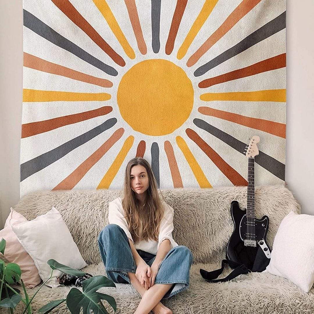 Wall Tapestry Sun Motif Cotton Blend Easy To Hang
