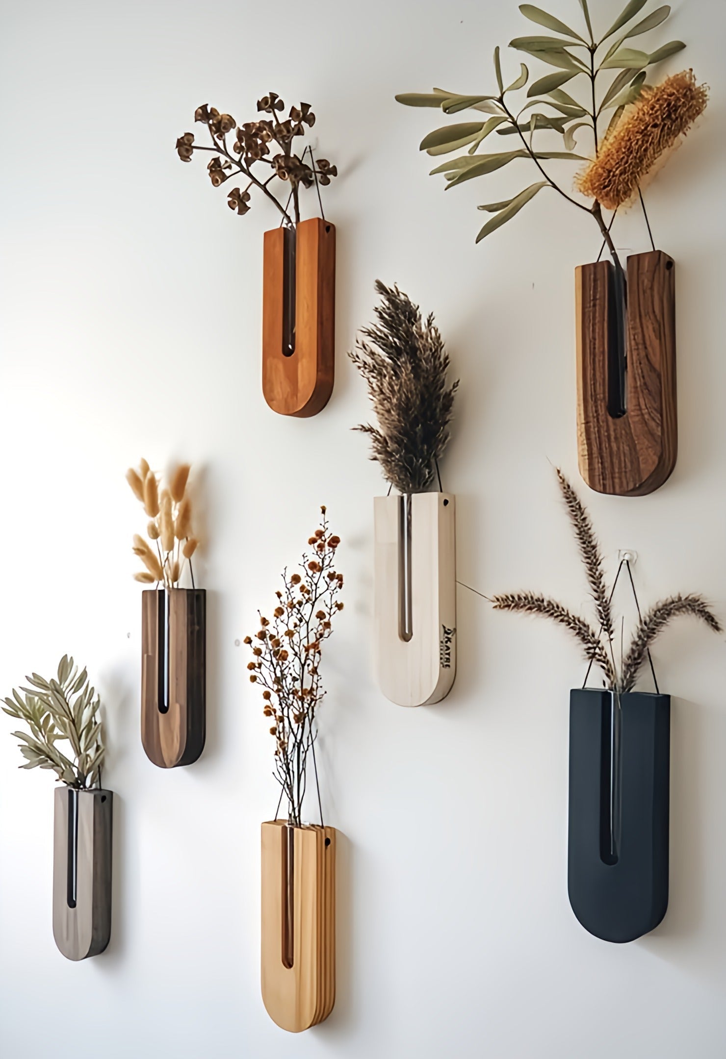 Wall Vases Pine Wood Glass Tubes Set of 7