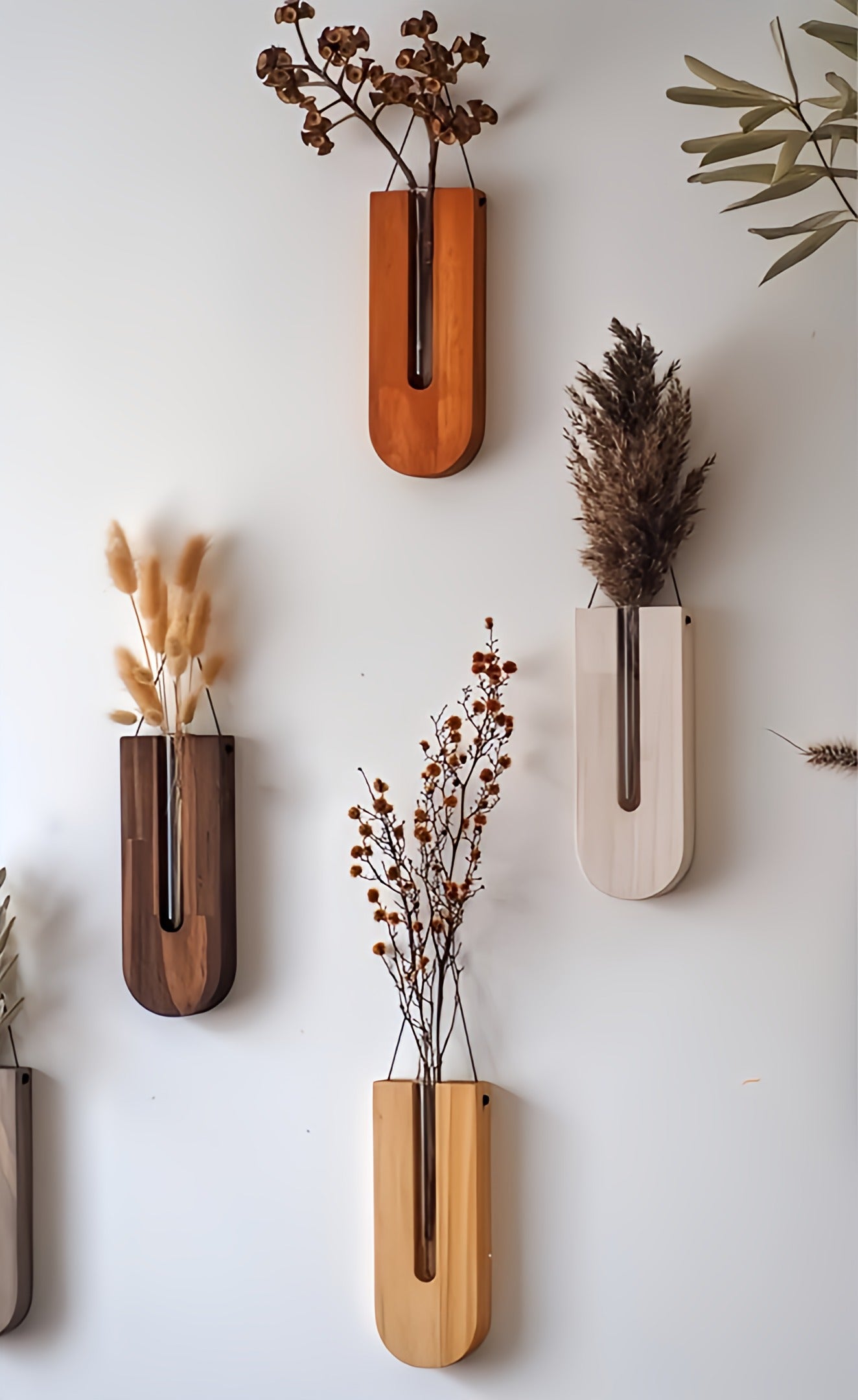 Wall Vases Pine Wood Glass Tubes Set of 7