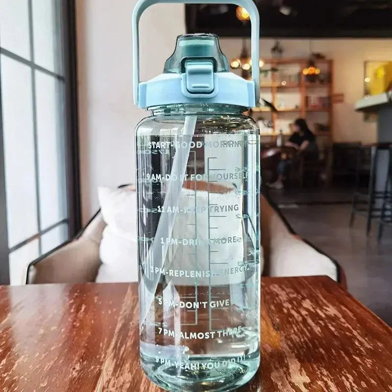 Water Bottle 2L Time Markers Leak-Proof Straw