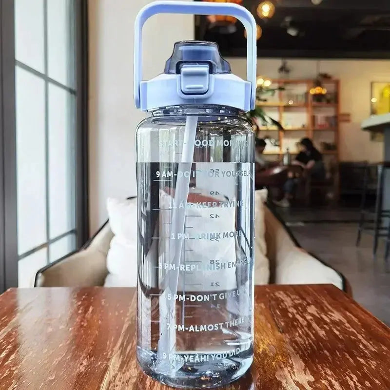 Water Bottle 2L Time Markers Leak-Proof Straw