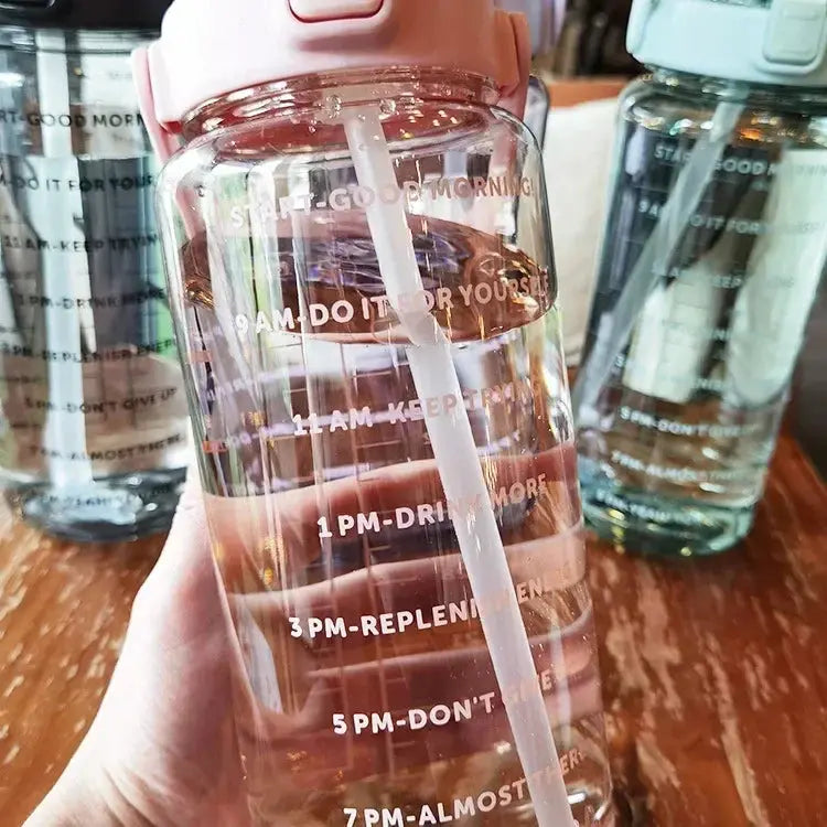 Water Bottle 2L Time Markers Leak-Proof Straw