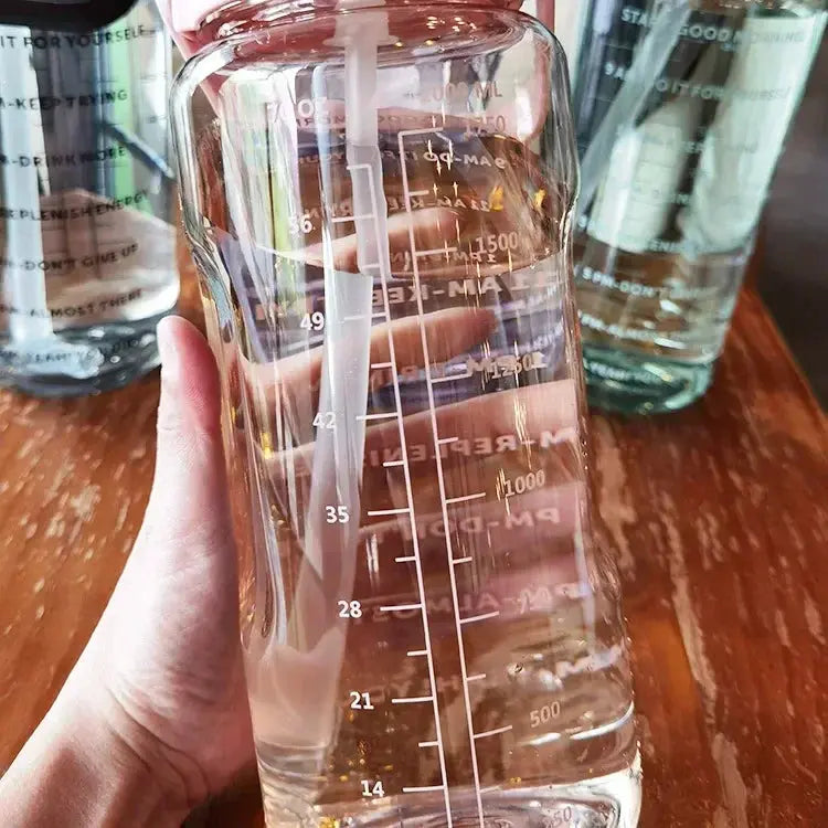 Water Bottle 2L Time Markers Leak-Proof Straw