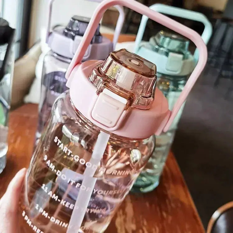 Water Bottle 2L Time Markers Leak-Proof Straw