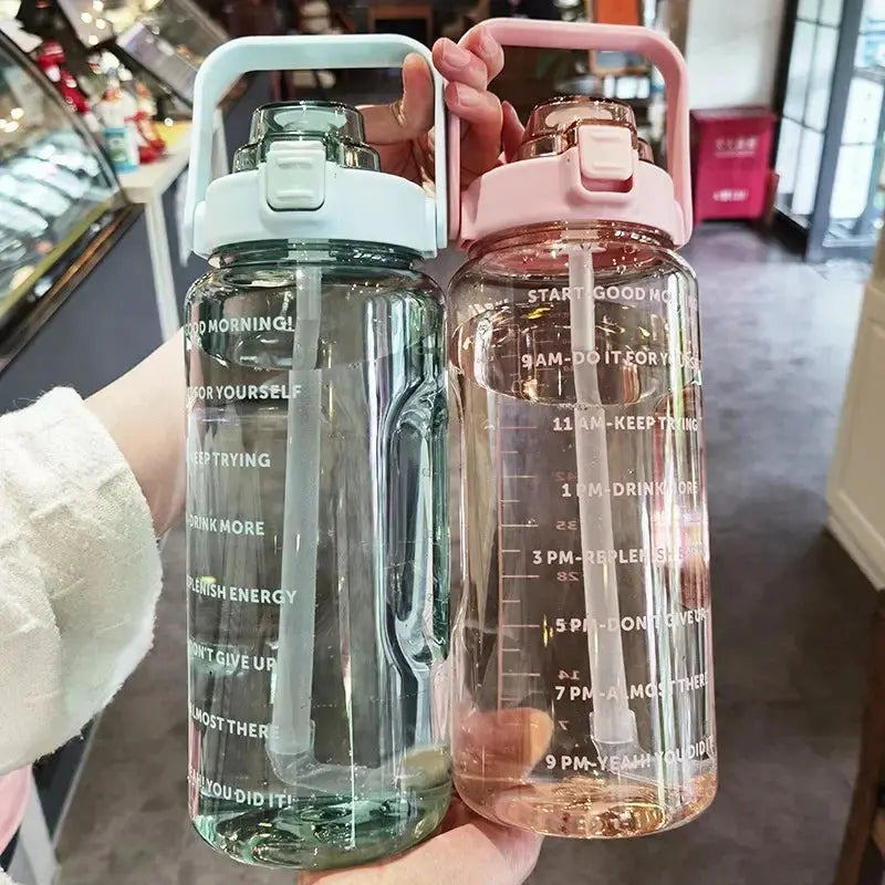 Water Bottle 2L Time Markers Leak-Proof Straw