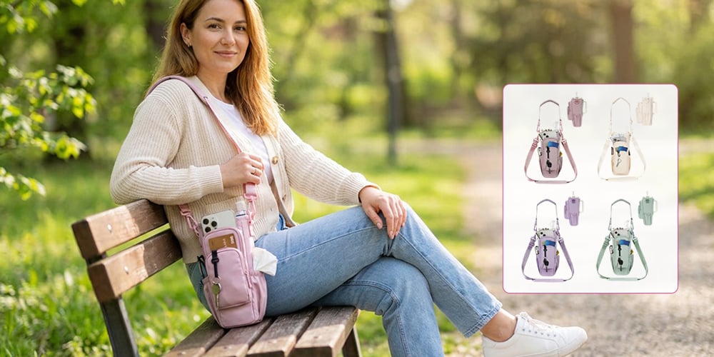 Water Bottle Crossbody Bag Insulated Zippered Adjustable Strap