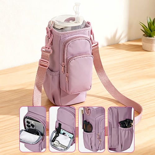 Water Bottle Crossbody Bag Insulated Zippered Adjustable Strap