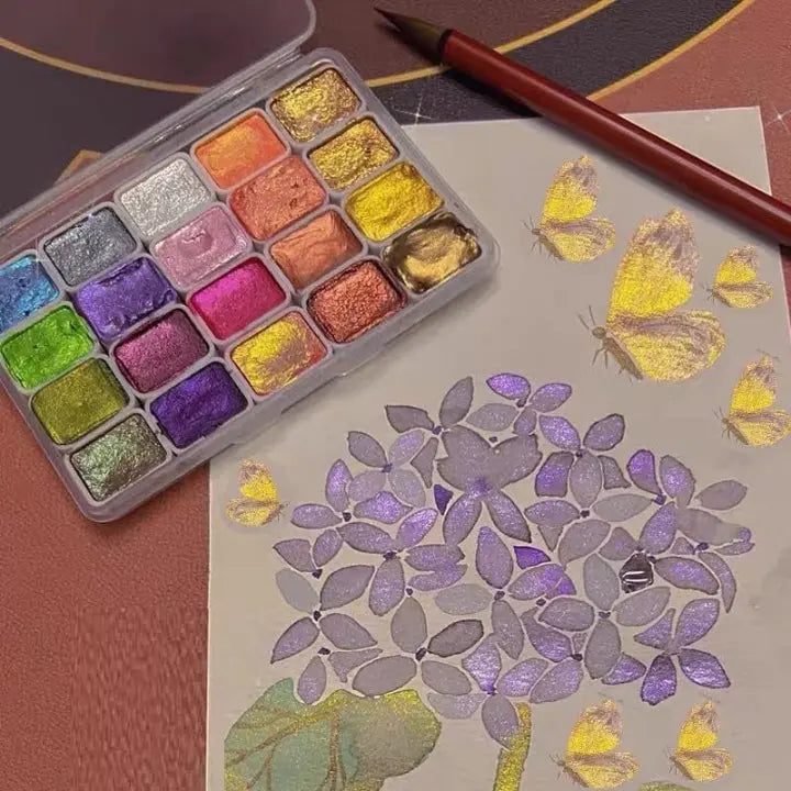 Watercolor Paint Set 20 Shimmering Metallic Colors Highly Pigmented