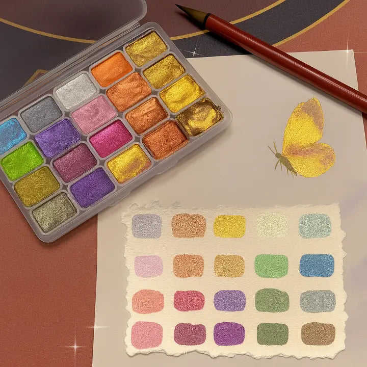 Watercolor Paint Set 20 Shimmering Metallic Colors Highly Pigmented