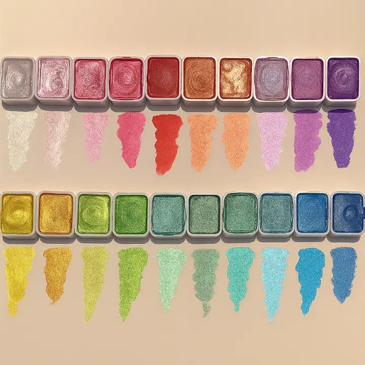 Watercolor Paint Set 20 Shimmering Metallic Colors Highly Pigmented