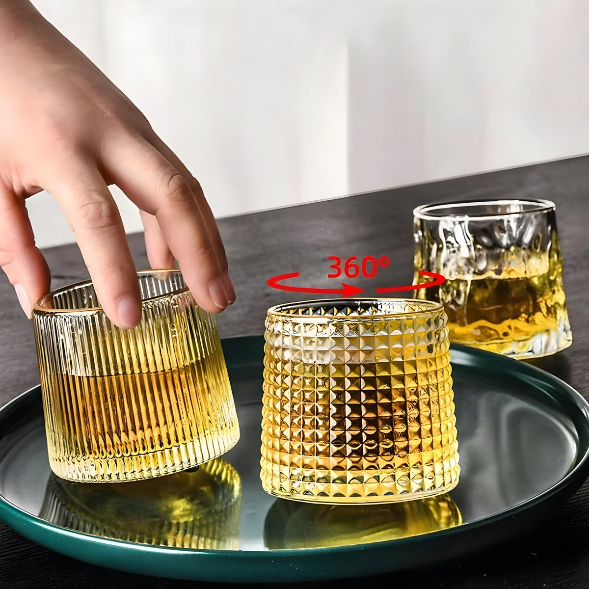 Whiskey Glass 360 Degree Rotating Textured Crystal Weighted Base