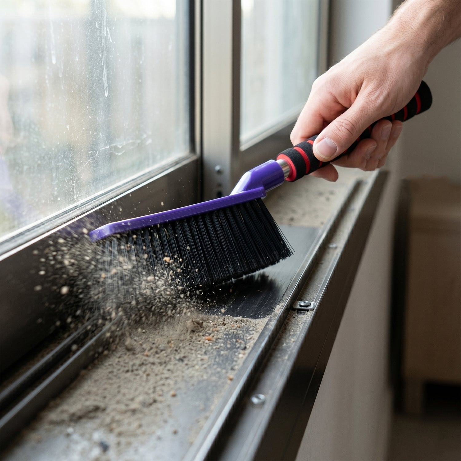 Window Frame Cleaning Brush 2-in-1 Scraper Non-Slip Handle